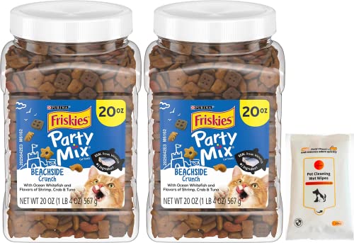 Two 20-oz Jars of Friskies Party Mix Beachside Crunch Cat Treats + Aurora Pet Grooming Wipes (10ct)